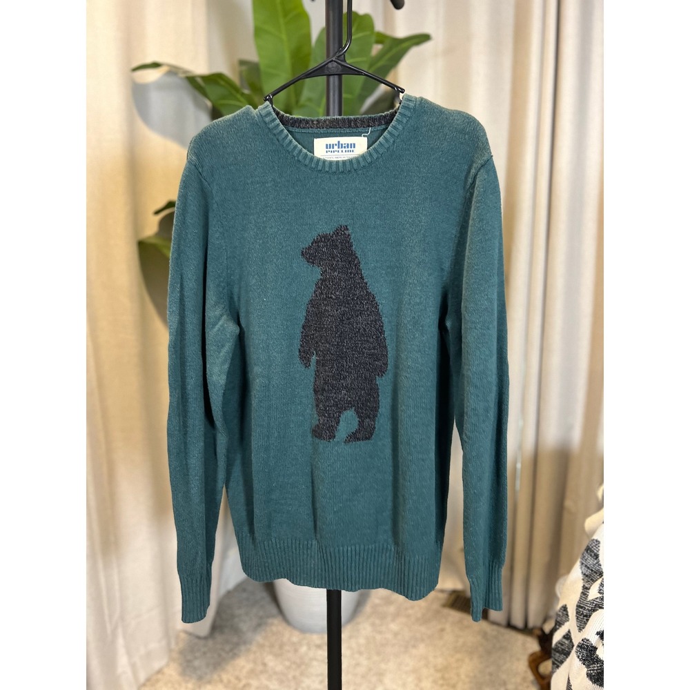 Urban Pipeline Mens Teal Green Standing Bear Graphic Crewneck Sweater Large